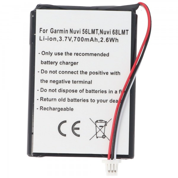 Batteri passer til Garmin Nuvi 56LMT, Nüvi 68LMT, Li-ion, 3.7V, 700mAh, 2.6Wh