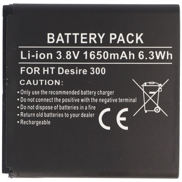 Batteri passer til HTC Desire 300, Li-ion, 3.8V, 1650mAh, 6.3Wh