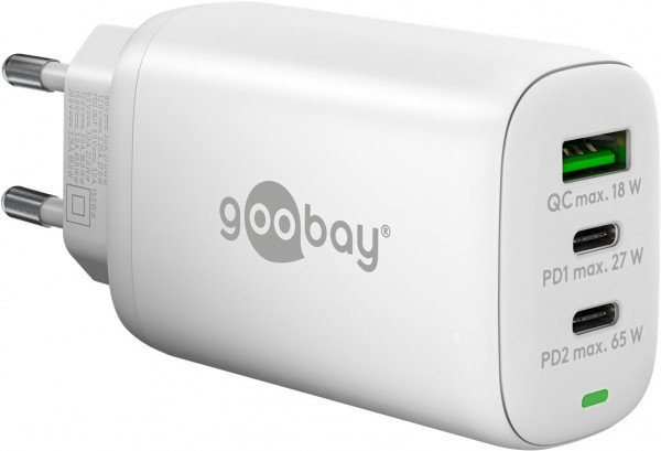 Goobay USB-C™ PD 3-vejs multiport hurtigoplader (65 W) hvid - 2x USB-C™ porte (strømforsyning) og 1x USB-A port (Quick Charge) - hvid