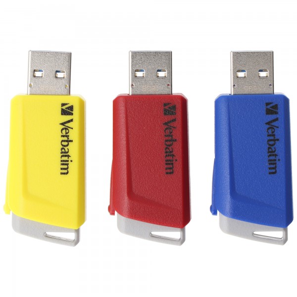 Verbatim USB 3.2 Stick 16GB, Store'n'Click, rød-blå-gul Type-A, (R) 80MB/s, (W) 25MB/s, detailblisterpakning (3-pak)