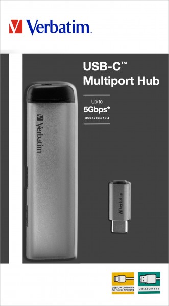 Verbatim Hub, USB 3.1-C, multiport 4x USB 3.2 Gen.1, sølvkabel 15 cm, detailblister