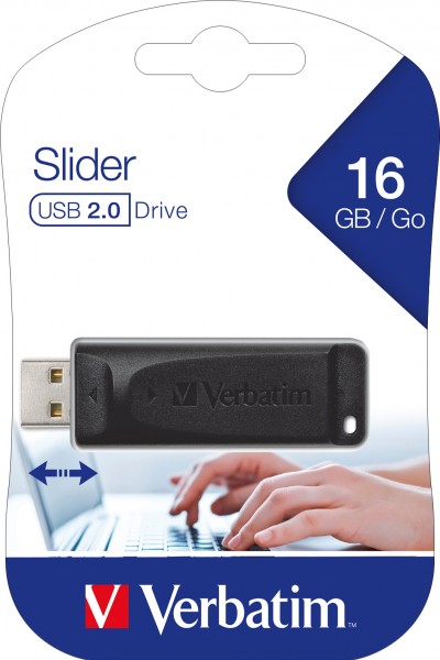 Verbatim USB 2.0 Stick 16GB, skyder (R) 10MB/s, (W) 4MB/s, detailblister