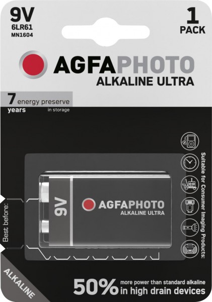 Agfaphoto Batteri Alkaline, E-Block, 6LR61, 9V Ultra, Retail Blister (1-Pack)