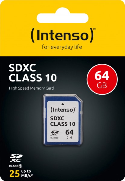 Intenso SDXC-kort 64 GB, klasse 10 (R) 25 MB/s, (W) 10 MB/s, detailblister