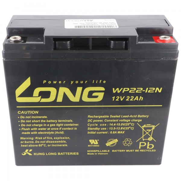 Kung Long WP22-12N F8 bly-fleece batteri, 12V, 22Ah, M6 indvendigt gevind