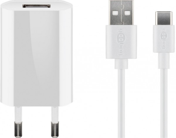 Goobay USB-C™ ladesæt 1 A - strømforsyningsenhed med Type-C™ kabel 1m (hvid)