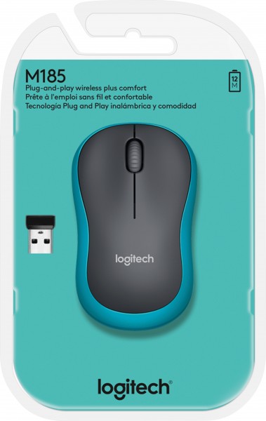 Logitech Mouse M185, trådløs, blå optisk, 1000 dpi, 3 knapper, detailhandel