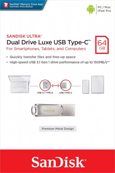 Sandisk USB 3.1 OTG Stick 64GB, Dual Drive Luxe Type-AC, (R) 150MB/s, Memory Zone, detailblister