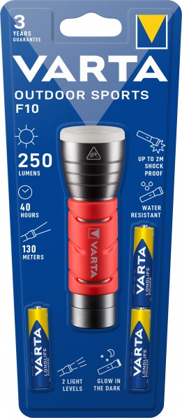 Varta LED lommelygte Outdoor Sports, F10 250lm, inkl. 3x alkaline AAA batterier, detail blisterpakning