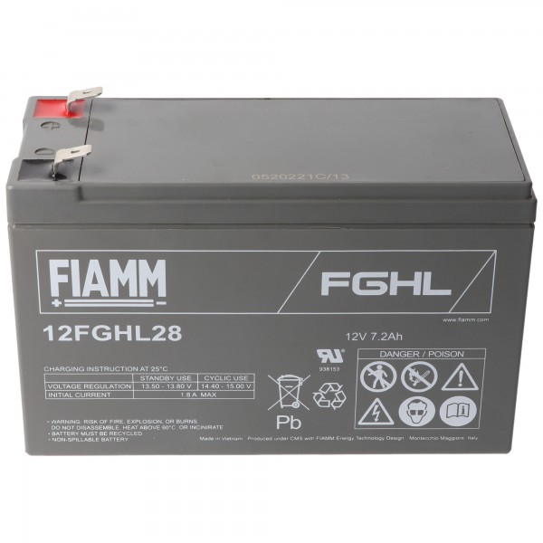 Fiamm 12FGHL28 blybatteri 12 Volt 7200mAh med Faston 6.3mm kontakter