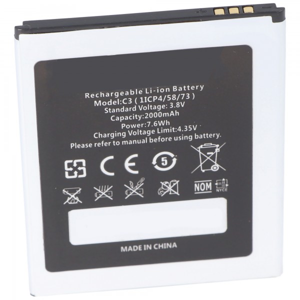 Li-Ion batteri - 2000mAh (3.8V) til mobiltelefon, smartphone, telefon erstatter Oukitel 1ICP4 / 58/73