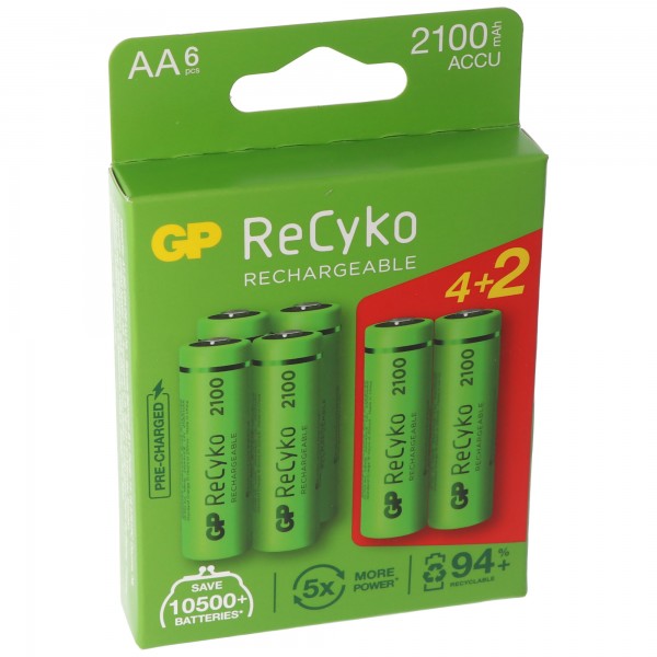 AA batteri GP NiMH 2100 mAh ReCyko 1,2V 6 stk.