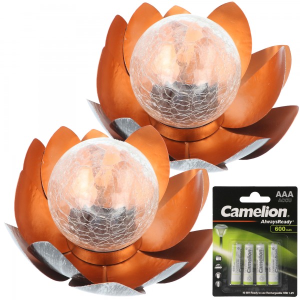 2x dekorativ solcelle-lotusblomst lavet af metal med glaskugle - behageligt varmt hvidt lys - fantastiske lyseffekter - knust glasoptik med 4x ekstra batteri