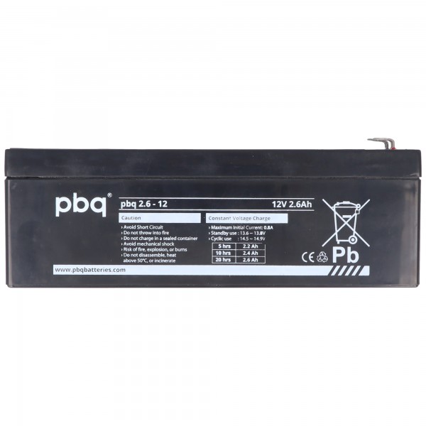 PBQ bly-syre batteri 2,6-12V, 12 V 2,6Ah, mål 178x34x61mm