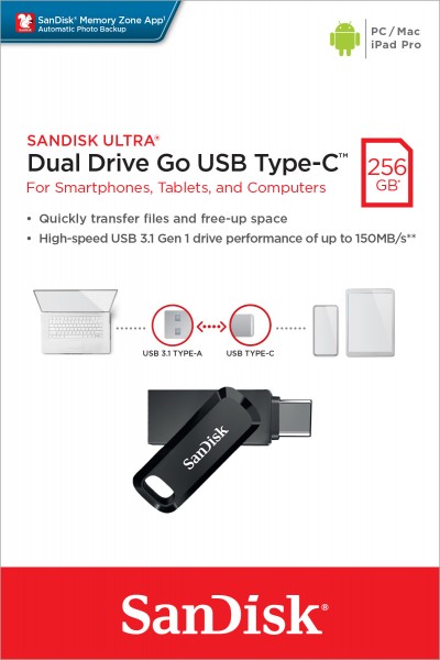 Sandisk USB 3.1 OTG Stick 256 GB, Ultra Dual Go Type-AC, (R) 150 MB/s, Memory Zone, detailblister
