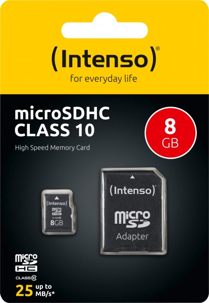 Intenso microSDHC-kort 8GB, Klasse 10 (R) 25MB/s, (W) 10MB/s, SD-adapter, detailblister