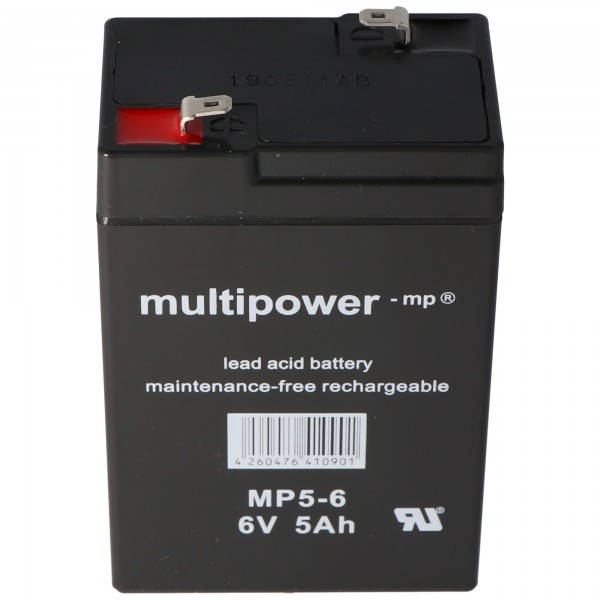 Multipower MP5-6 blybatteri med Faston 4,8 mm stik, også egnet til Vision CP650 5Ah batteri