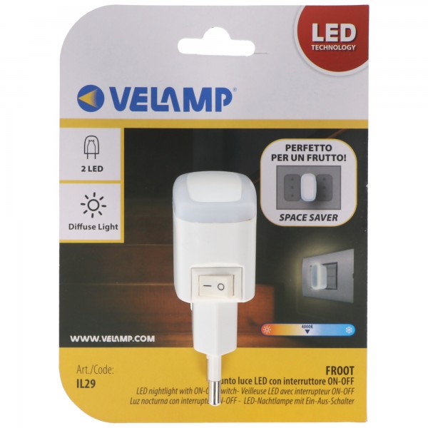 Velamp FROOT: LED-natlys med ON/OFF-knap. hvid