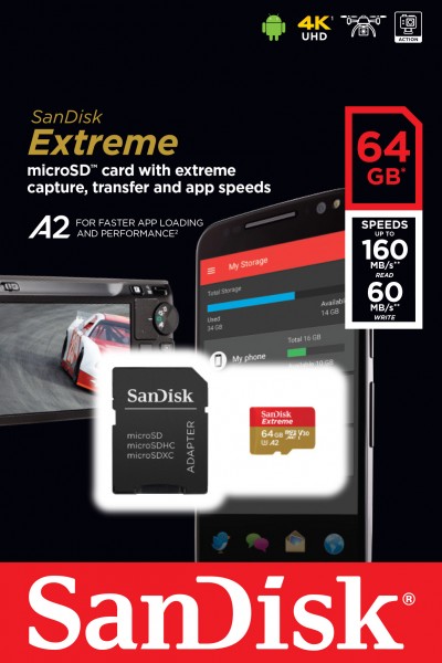 Sandisk microSDXC-kort 64GB, Extreme, U3, A2, 4K UHD (R) 160MB/s, (W) 60MB/s, SD-adapter, detailblister