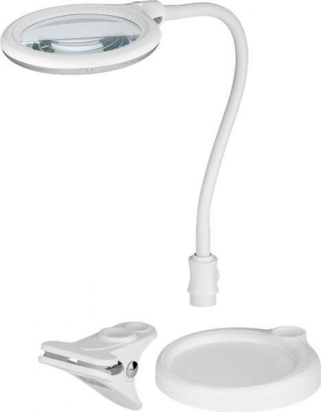 LED -stativ / klemme -forstørrelseslampe, 6 W 100 mm glaslinse, 1,75x forstørrelse, 3 dioptrier, 570 lumen