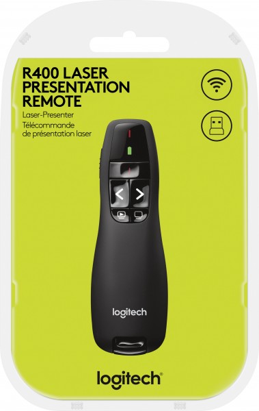 Logitech Presenter R400, trådløs, sort laser, 6 knapper, inkl. batteri 2x AAA, detail