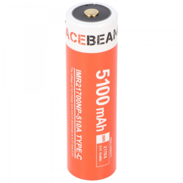 AceBeam 21700 Li-ion batteri med stærk 5100mAh USB-C max. afladestrøm 20A, 77,8 x 21,37 mm