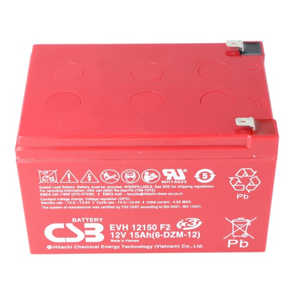 CSB-EVH12150X3 12 Volt AGM blybatteri 15Ah, 151x98x101,8mm faston 6,3mm cykler + standby