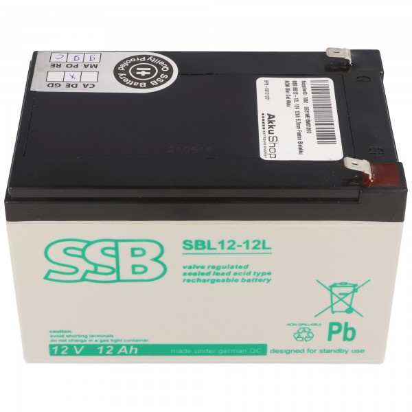 SSB SB12-12L 12V 12Ah 6,3 mm Faston blybatteri AGM blygelbatteri