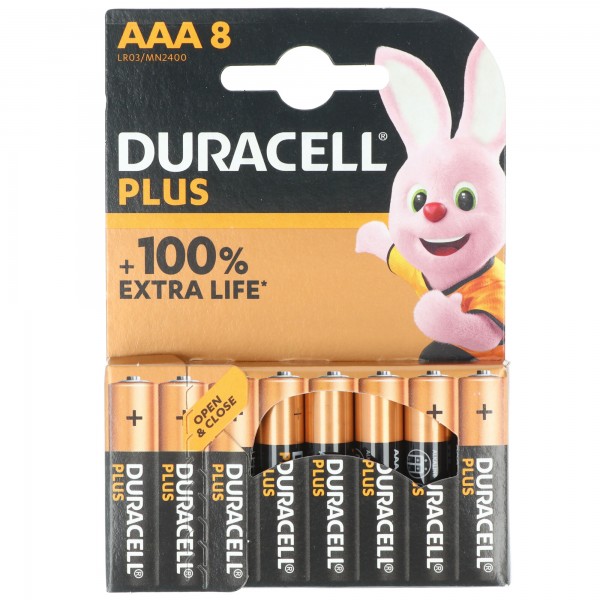 Duracell batteri alkalisk, mikro, AAA, LR03, 1,5V Plus, ekstra levetid, detailblister (8-pak)