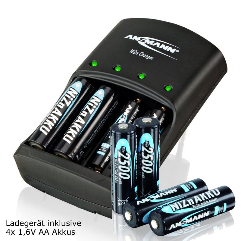 Ansmann oplader NiZn 1,6 Volt batteri med 4x 2500mWh Mignon AA | til AA / AAA batteri | (enkelt) | Opladere | Akkushop-Denmark