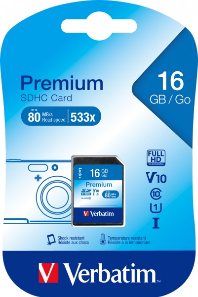Verbatim SDHC-kort 16GB, Premium, Class 10, U1, UHS-I (R) 80MB/s, (W) 10MB/s, detailblister