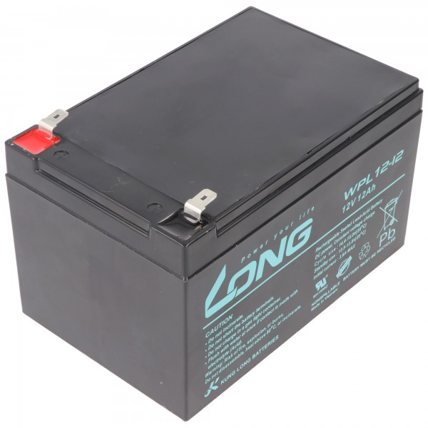 Kung Long WPL12-12 F2 Longlife bly-fleece batteri, 12V, 12Ah med 6,3 mm Faston-forbindelse