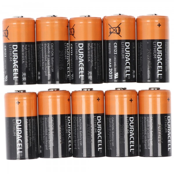 10x Duracell CR123A lithium batteri, 3V, fotobatteri CR123 A, i en praktisk strimmel med 10 stk.