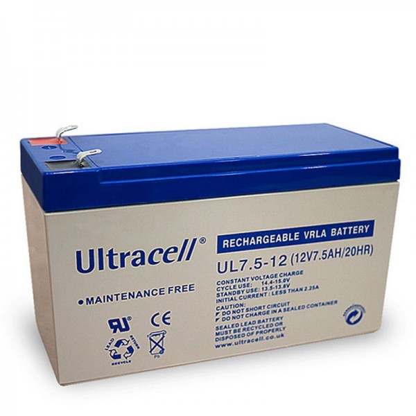 Ultracell UL7.5-12 blybatteri 12 volt med 7,5 Ah og 4,8 mm kontakter