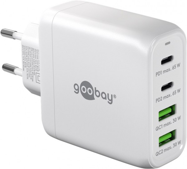Goobay USB-C™ PD multiport hurtigoplader (68 W) hvid - 2x USB-C™-porte (strømforsyning) og 2x USB-A-porte (Quick Charge) - hvid