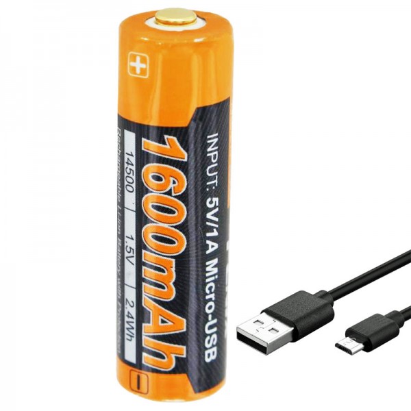Li-ion genopladeligt batteri Mignon AA LR6 1600mAh med 1,5 Volt, multi-beskyttet med USB-opladningskabel