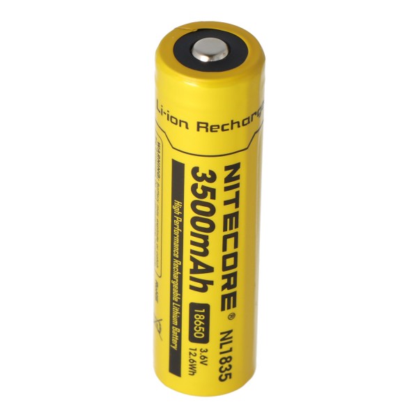 Nitecore Li-ion batteri 18650, 3,7 Volt med 3500mAh NL1835, udladningsstrøm max. 2Ah, dimensioner omkring 69,3 x 18,3 mm