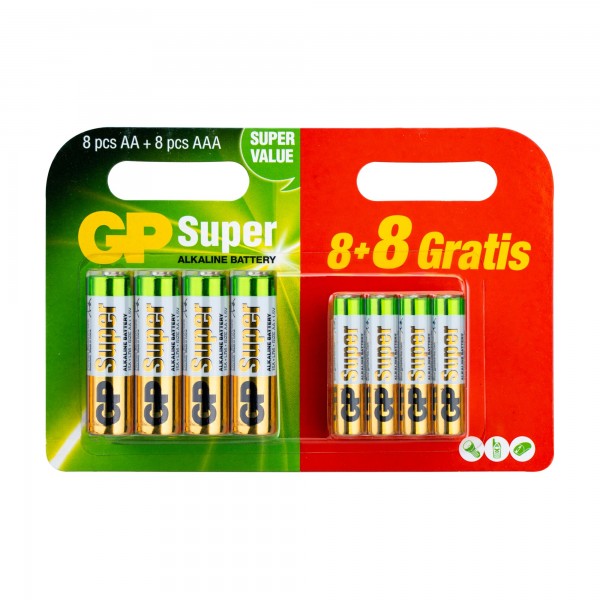 GP Alkaline Super Mixblister AAA Micro og AA Mignon batterier Super 1.5V 8 + 8 stk