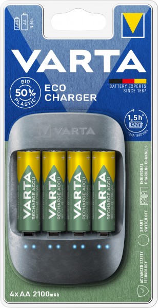 Varta batteri NiMH, universal oplader, Eco Charger inkl. batterier, 4x Mignon, AA, 2100mAh