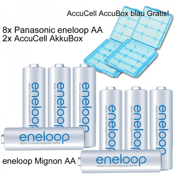 Pakke med 8 Eneloop batterier Mignon AA genopladeligt batteri med blå batteriboks - Seneste version