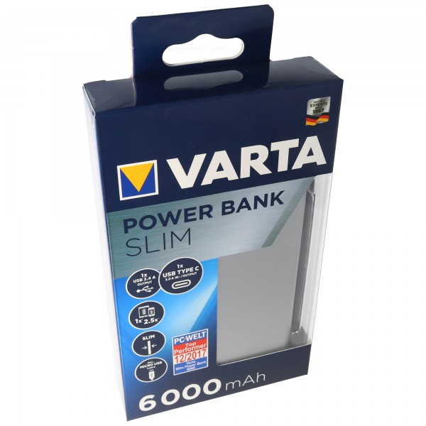 Varta Power Bank Slim sølv 6000 mAh, inklusive mikro-USB-opladerkabel