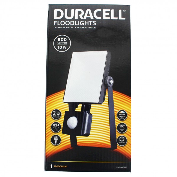 Duracell LED-projektør med max. 1600 lumen og op til 20 watt, herunder en vægmontering og bevægelsesdetektor