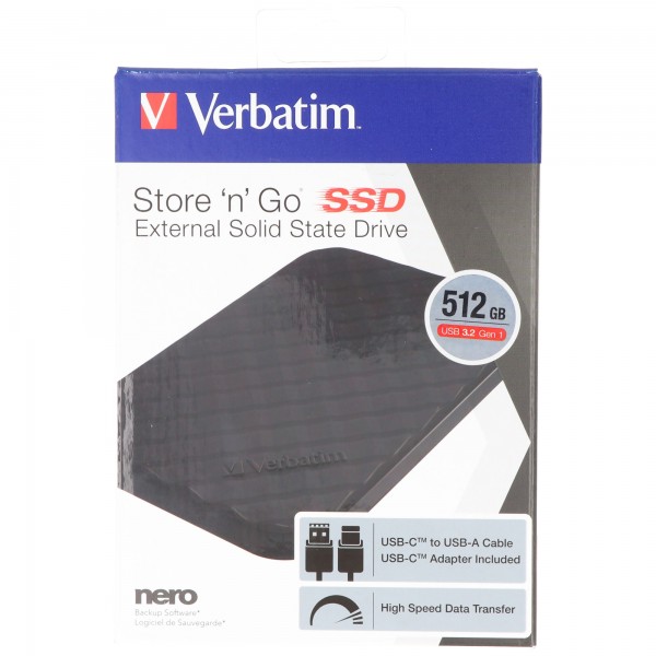 Verbatim SSD 512GB, USB 3.2, Type AC, 6,35 cm (2,5'') Store´n´Go, (R) 400MB/s, (W) 400MB/s, Detailhandel