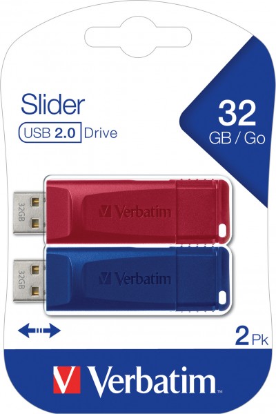 Verbatim USB 2.0 Stick 32GB, Skyder, Rød-Blå, Multipack (R) 10MB/s, (W) 4MB/s, Retail-Blister (2-Pack)