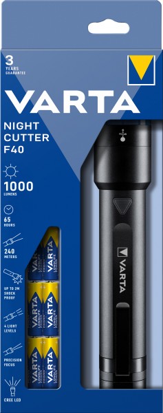 Varta LED-lygte Night Cutter F40 1000lm, inkl. 6x alkaline AA-batterier, blisterpakning